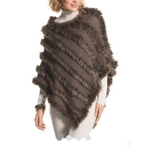 Chico's Sweater Poncho Shawl Faux Fur Trim Sz S/M NWOT Taupe Old Money Mob Wife